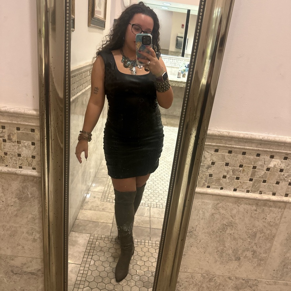 Guess Black Ruched Faux Leather Mini Dress